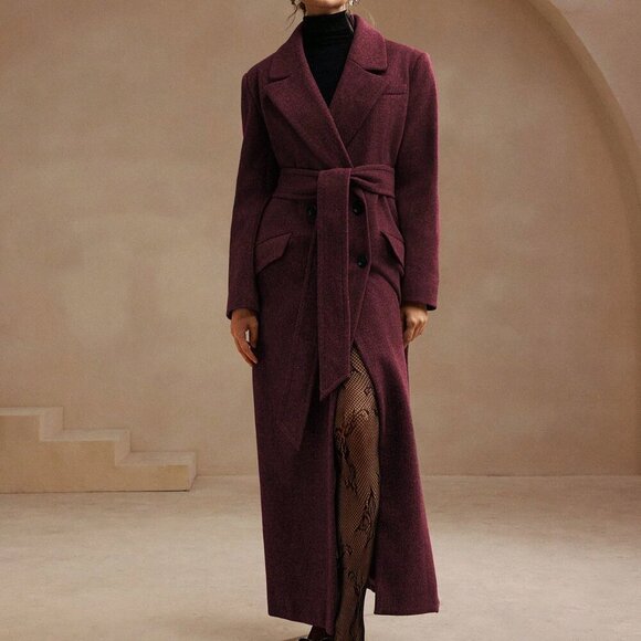 Burgundy Elegant Women's Grey Midi Length Belted Notched Collar Wool Coat - Picture 5 of 6